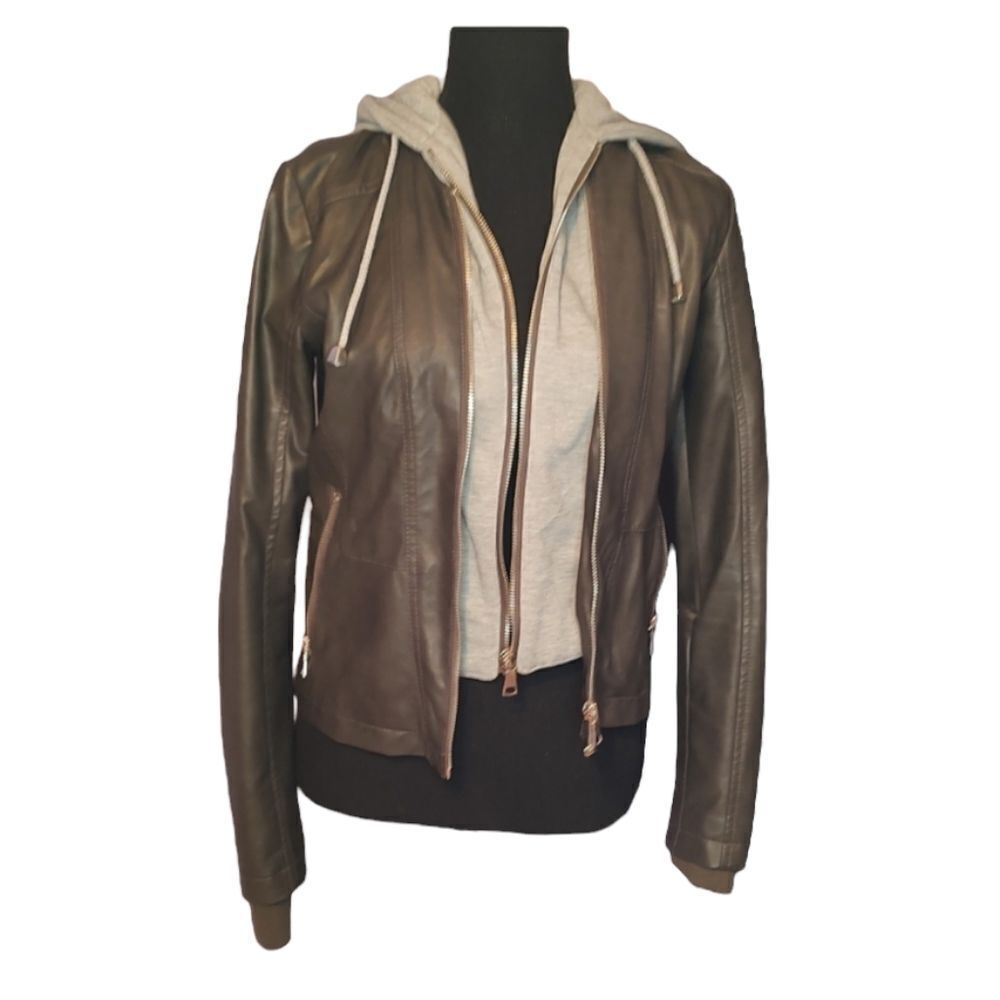 Bernardo Gray Leather Moto Jacket with Hoodie XS